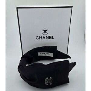 Chanel Black Silk Knotted Turban Headband Silver CC Logo with Box and Card